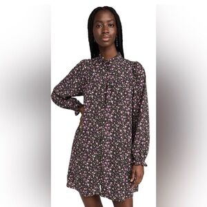 English Factory Ditsy Floral Black and Pink Button Detail Mini Dress Sz. L